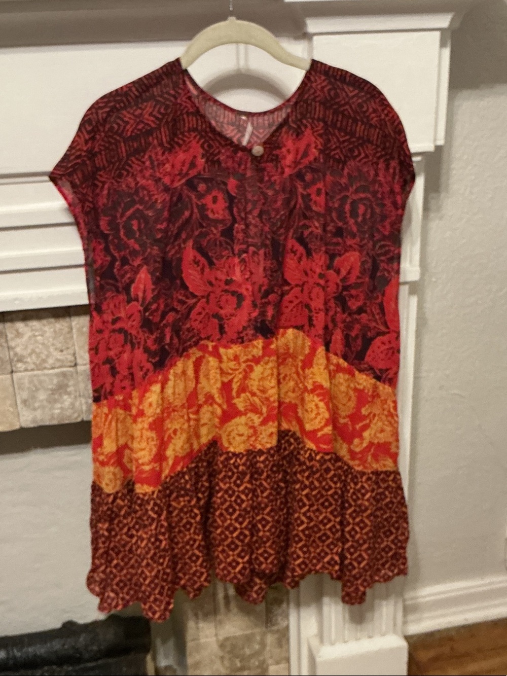 Free People Red and Orange Floral Tiered Tunic
